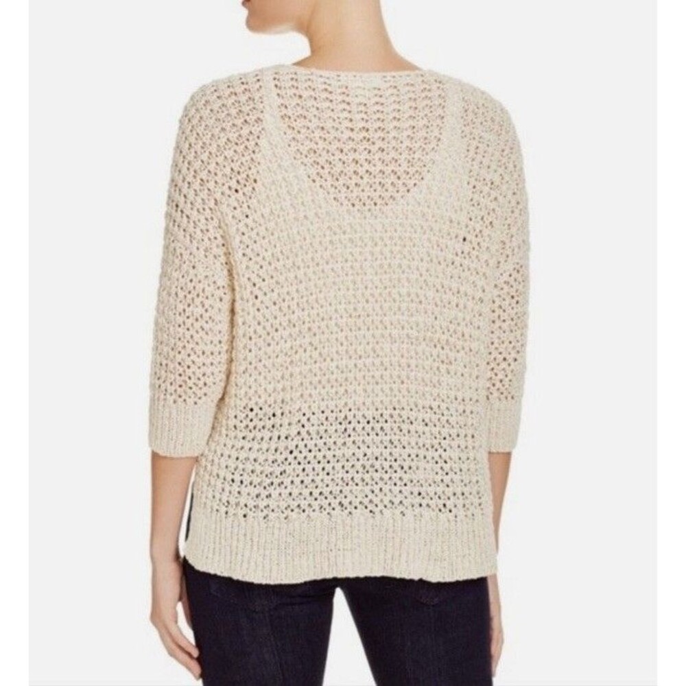 Eileen Fisher Cream Open Knit V-Neck Sweater medium 3/4 Sleeve High-Low Pullover - Picture 2 of 8